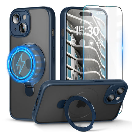 pcgaga Translucent Matte PC Cover  6.7" Magnetic Phone Case for iPhone 15 Plus [Compatible with MagSafe] [Built-in Invisible Stand] + Screen Protector, Blue
