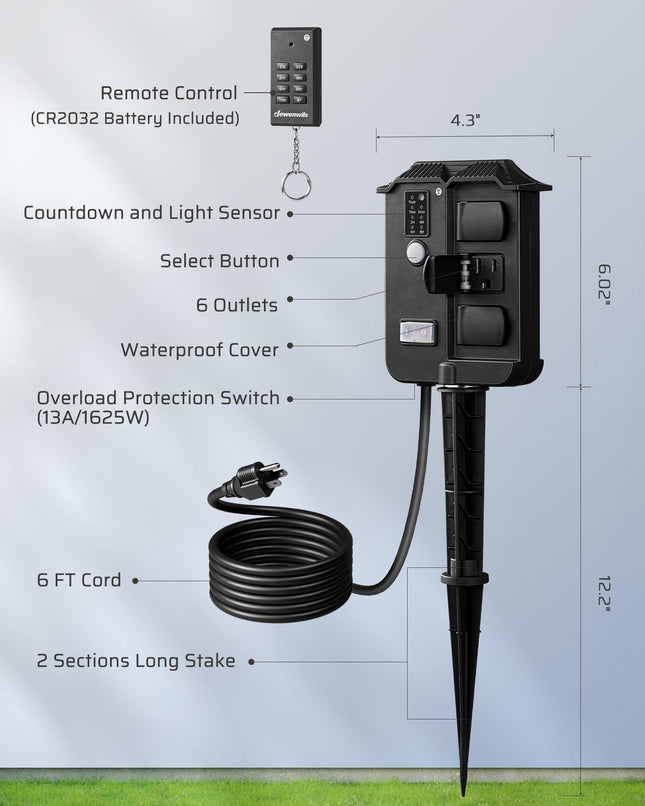 DEWENWILS Outdoor Power Stake Timer Waterproof, 100FT Wireless Remote Control, 6 Grounded Outlets, 6FT Extension Cord, Photocell Dusk to Dawn for Lights, Garden, HOYS16G