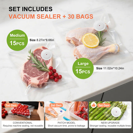 NXIP Compact Vacuum Sealer Machine for Food Storage, 5S Fast Seal Powerful Food Vacuum Sealer with 30PCS Reusable Vacuum Bags, Automatic Handheld Food Saver for Storage