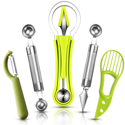 DAOENY 5Pcs Melon Baller Scoop Set, 4 in 1 Stainless Steel Fruit Scooper Seed Remover Cutter, Double Sided Melon Baller Spoon, Avocado Cutter, Watermelon Carving Knife for Dig Pulp Separator Fruit Slicer