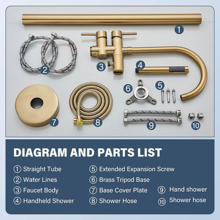 YAGATAP Freestanding Bathtub Faucet Floor Mount Tub Filler Brushed Gold High Flow Shower Faucets with Handheld Shower Mixer Taps Swivel Spout