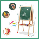 Kids Easel Double Sided Wooden Art Easel with Whiteboard & Chalkboard Height Adjustable Standing Easel with Magnet Stickers Education Gift T11