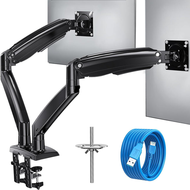 HUANUO Dual Monitor Stand - Adjustable Gaming Monitor Mount for Two 13 to 40 Inch Screens, Long Height Range, Sturdy VESA Mount with Clamp and Grommet Base, Each Arm Supports up to 26.4lbs