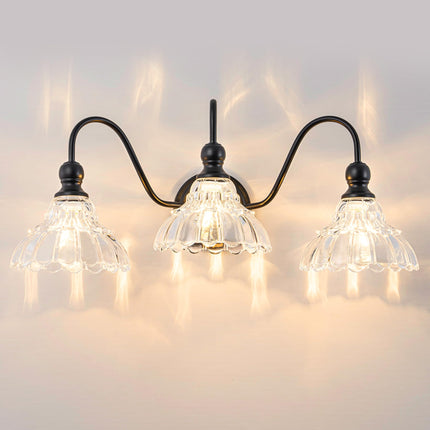 BrkNit Vintage Farmhouse Vanity Over Mirror 3-Light Black Wall Sconce Lighting with Flower Glass Shade, for Bedroom Kitchen Living Room Hallway Light
