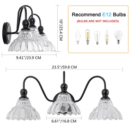 BrkNit Vintage Farmhouse Vanity Over Mirror 3-Light Black Wall Sconce Lighting with Flower Glass Shade, for Bedroom Kitchen Living Room Hallway Light