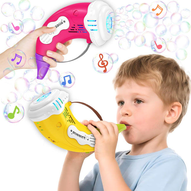 Horn Bubble Machine Gun for Kids: 2 Pack Automatic/Blowing Mode Bubble Maker Blower Blaster Toys with 20 Refill Solutions, Music Function, Summer Outdoor Toys Birthday Gifts for Toddlers Ages 3-8