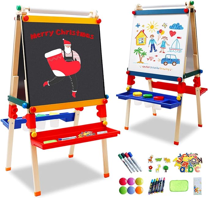 Art Easels for Kids with Paper Roll, Adjustable Height Double Sided Kids Easel with Magnetic Chalkboard & Whiteboard, Deluxe Standing All-in-One Wooden Easel for Boys Girls Painting Drawing T27