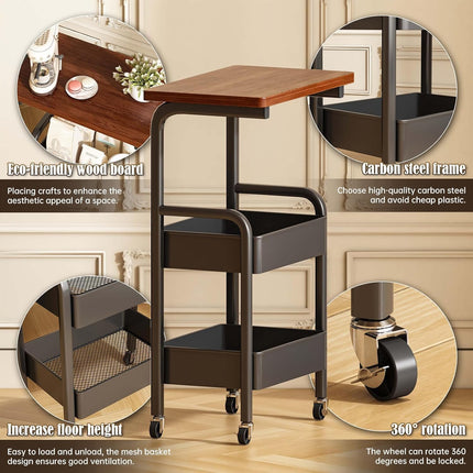 PRENSYA 3 Tier Rolling Storage Cart with Wooden Tabletop, Heavy Duty Metal Utility Trolley with Lockable 360° Wheels, Mobile Organizer for Kitchen, Bathroom, Office, Laundry, Bedroom, Study Room Black