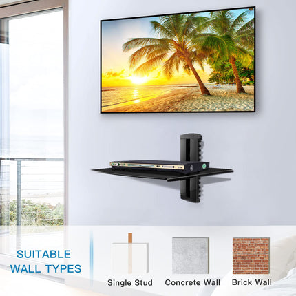 Suptek Single Black Floating Shelf with Strengthened Tempered Glass for DVD Players/Cable Boxes/Games Consoles/TV Accessories 1/one Shelf, Black CS201