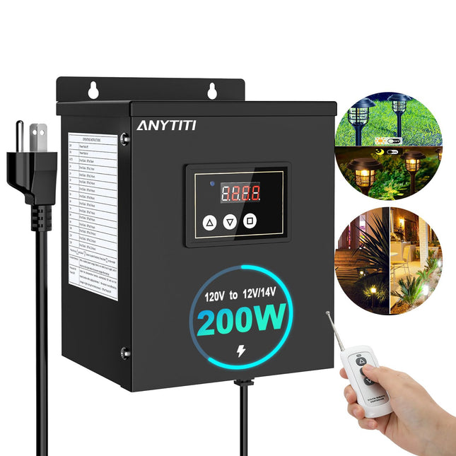 ANYTITI 200W Low Voltage Landscape Transformer with Timer,Photocell Sensor and Remote Control, 120V AC to 12V/14V AC,Weatherproof,for LED Landscape Lighting