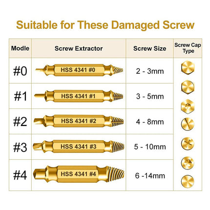 HSS 4341 Damaged Screw Extractor Set, 5-Piece Double-Ended Drill Bits for Stripped Screws and Bolts, 2-14mm Range, Gold Titanium