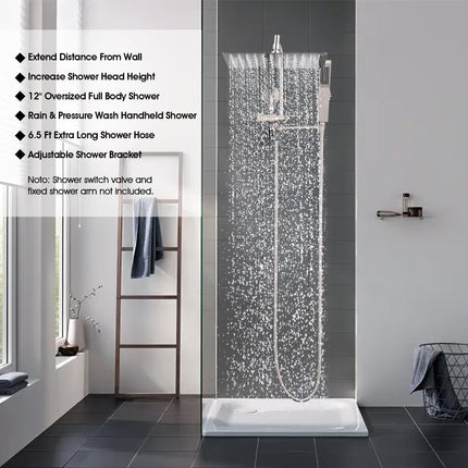 PDPBath All Metal Rain Shower Head with Handheld Built-in High Pressure Wash Mode, 12'' Rainfall Shower Head with Adjustable Z-shaped Extension Arm, Adjustable Brass Bracket, 79" Hose, Brushed Nickel