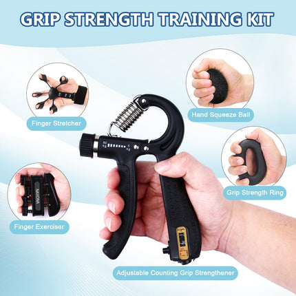 NAVONA 5-PC Grip Strength Trainer Kit, Hand Gripper Strengthener, Forearm Strengthener, Finger Strengthener, Finger Exerciser, Stress Relief Ball, Forearm Workout Ring for Muscle Building and Injury Recover