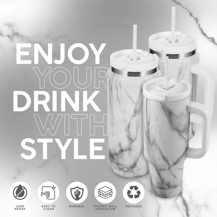 FAHRMOSIS 40oz Leakproof Hot n Cold Insulated Tumbler with Handle and Straw, WHITE MARBLE