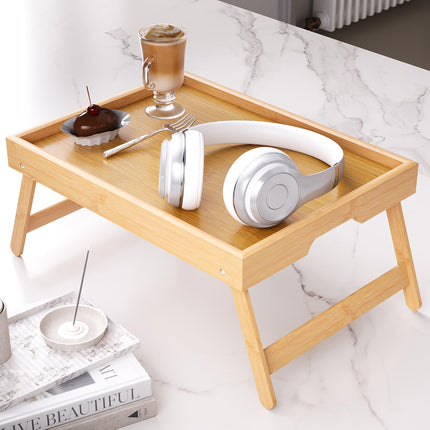 Bamboo Bed Table Tray with Foldable Legs, Large Breakfast Bed Tray with Handles for Food, Snack Small Laptop