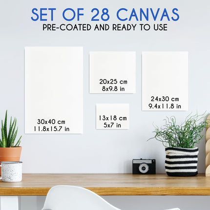 28 Canvases for Painting - Multisize Set, 5x7, 8x10, 9x12, 12x16 - White Canvas Boards -100% Cotton, 280 GSM and Acid-free