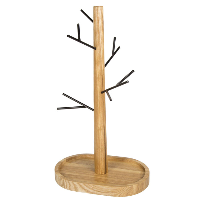 【Elegant & Sturdy】 Black Metal Jewelry Stand with Acacia Wood Tray | Necklace & Bracelet Holder | Minimalist Jewelry Organizer for Vanity, Bathroom & Retail Display | 34 cm Tall