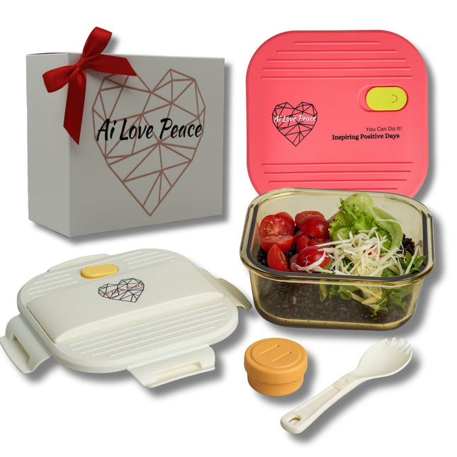 Glass Lunch Containers with 2 Lids, Microwave-Safe Silicone Vent Lid (Red) & Airtight PP Lid (White) with Utensil Storage, Leakproof Glass Snack Container, 26 oz Microwave Lunch Box for Salad & Snacks