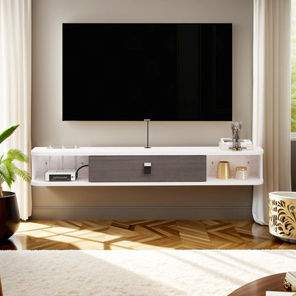 Pmnianhua Floating TV Console,47'' Wall-Mounted Media Console,Floating TV Cabinet, Modern Floating TV Stand,Under TV Entertainment Shelf with Door and Storage for Bedroom,Living Room (Grey-White)