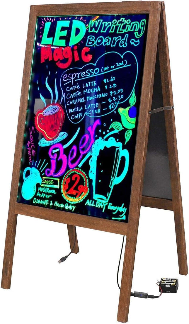 LED Drawing Chalk Board: Large Double Sided Blackboard with Lights - Wooden Message Chalkboard Display with 15 Light Colors 4 Flashing Mode for Kids, Restaurant Menu, Bar, Celebration