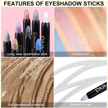 DNM 8Pcs Glitter Eye Shadow Sticks Liner Pencils Makeup, Pearl White Smokey Black Gray Silver Violet Purple Khaki Royal Blue Shimmer Glitter Eyeliner Pencil Cream Eyeshadow Palette Makeup