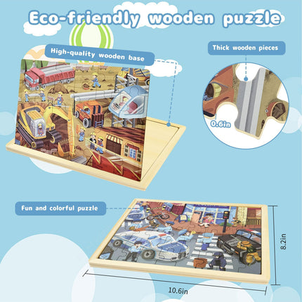 NAIJUTE Toddler Wooden Montessori Jigsaw Puzzle Set (24 & 48 Pieces), Preschool Learning Toys with Traffic, Fire Truck & Construction Themes