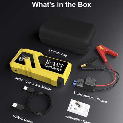 Car Battery Jump Starter 3000A Peak, 12V Jump Starter Battery Pack for Up to 8L Gas/5L Diesel, Battery Booster Jump Box, Power Bank USB QC3.0 Outputs Portable Charger, Jumper Cables LED Light Yellow