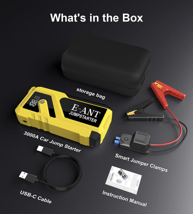 Car Battery Jump Starter 3000A Peak, 12V Jump Starter Battery Pack for Up to 8L Gas/5L Diesel, Battery Booster Jump Box, Power Bank USB QC3.0 Outputs Portable Charger, Jumper Cables LED Light Yellow