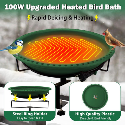 Daoeny 100W Heated Bird Bath Bowl Thermostat Control for Deck Railing Outside Garden Yard Patio Lawn Decor, GREEN