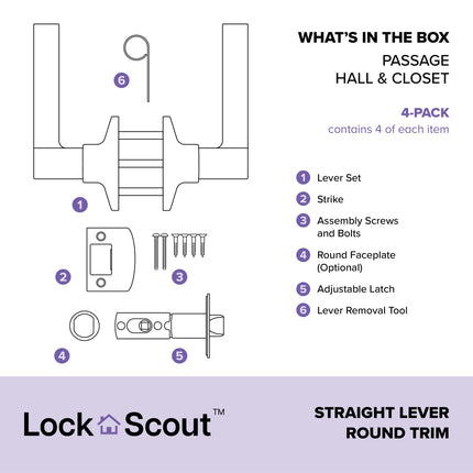 Lock Scout Straight Lever with Round Trim Hall and Closet Door Handle, Matte Black Finish, 4 Pack
