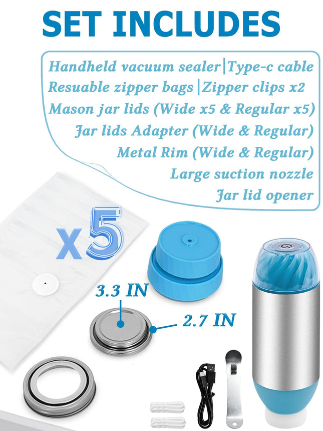 NEXT-SHINE Electric Portable Food Sealer with 5 Reusable Vacuum Bags + 10 Lids + Wide & Regular Mouth for Canning Jars, Seal Meal Saver Fermentation Food Storage