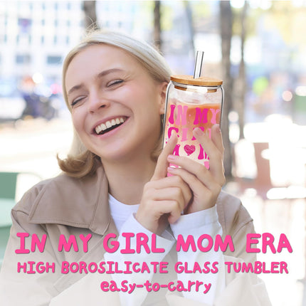 ANOTION in My Girl Mom Era Gift Set - Girl Mom Iced Coffee Cups, Mothers Day Coffee Mug with Straw, New Mom Gifts, Mother's Day Card, Mama Birthday Gift, Glass Tumbler Drinking Cup for Mother