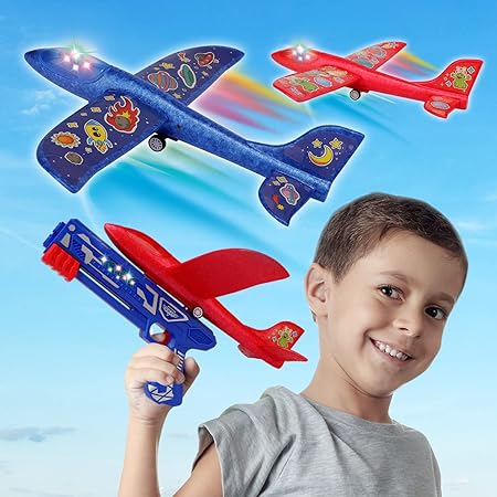 Airplane Toy Soft Foam Gun Bubble Catapult Plane Foam for Kids Boys Girls, One-Click Ejection Model Shooting Game with 2 PCS Glider Airplane Launcher T72