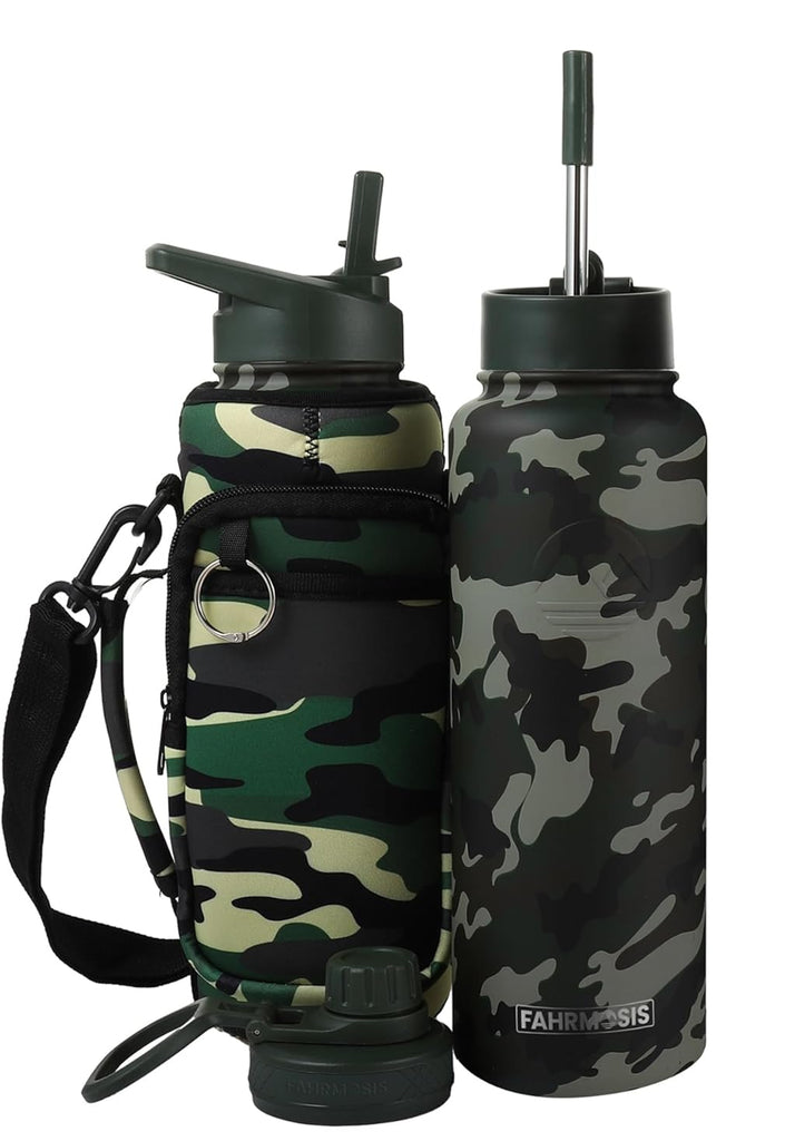 40 Oz Water Bottle with Strap Stainless Steel Sports Water Bottle with 3 Lids (Straw, Chug and Flip Lid) Insulated Leak Proof Metal Jug for Men & Women - Camo