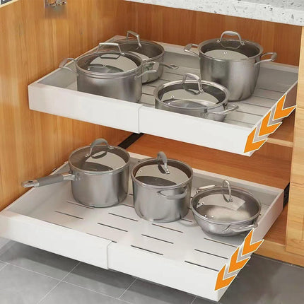 Adjustable Width Cabinet Pull Out Shelf, Carbon Steel Slide Out Drawer Organizer with 3 Sideline Rails for Kitchen, Large Capacity, Easy to Install, Strong and Quiet