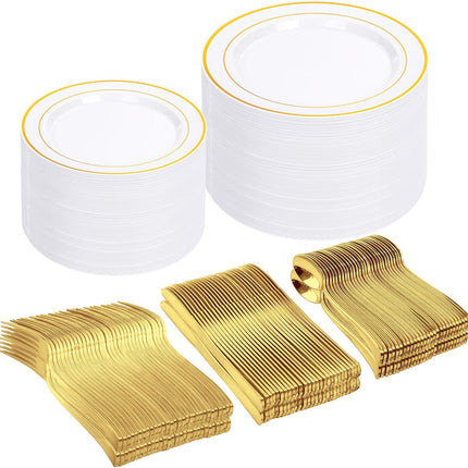 500 Gold Dinnerware Set: 100 Gold Rim Dinner Plates, 100 Salad Plates, 100 Silverware, Heavy Duty