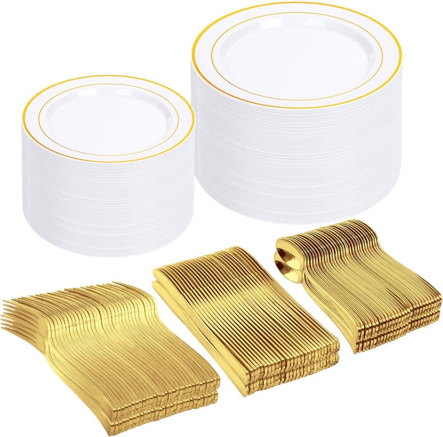 500 Gold Dinnerware Set: 100 Gold Rim Dinner Plates, 100 Salad Plates, 100 Silverware, Heavy Duty