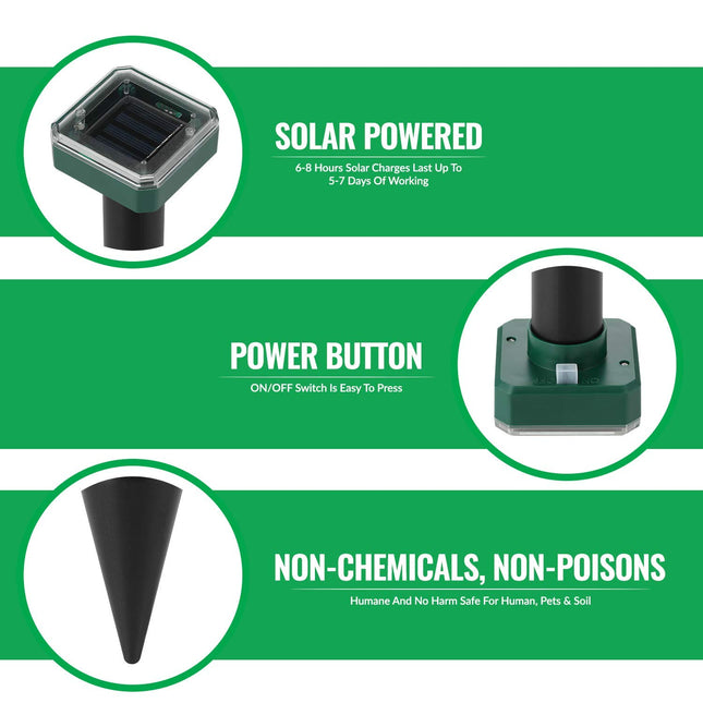 Mole Repellent Ultrasonic, 4 Pack Outdoor Rodent and Groundhog Repellent for Yard, Gopher, Vole, Groundhog, and Chipmunk Deterrent, Solar Snake Ultrasonic