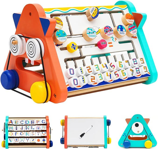 Activity Cube Wooden Toys 4-in-1,Educational Baby Toys with Alphabet Puzzle Drawing Board, Montessori Toys T124