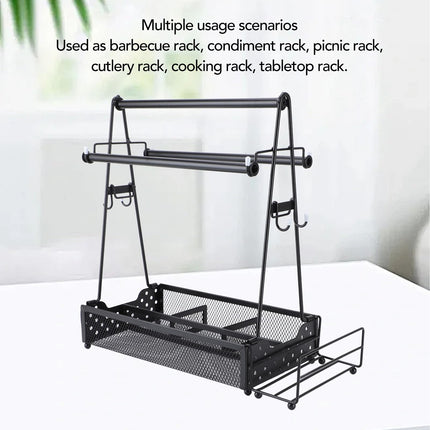 Grill Caddy for Outdoor Grill, BBQ Caddy with Camping Paper Towel Holder and Plate Holder, Picnic Utensil Condiment Kitchen Organizer for Outdoor Cooking, Camping Essential