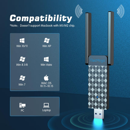 ElecMoga 1300Mbps WiFi Adapter 3.0 USB WiFi 5dBi Dual Band 2.4GHz/5GHz Wireless Adapter for PC/Desktop/Tablet/Laptop, Support Windows 7/10/11