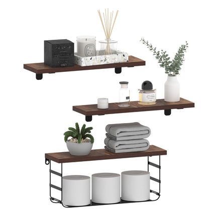 Lavezee Floating Shelves for Wall Decor, Bathroom Shelf Over Toilet Paper Storage with Wire Basket Shelving Set of 3, Rustic Brown