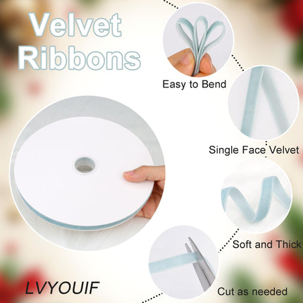 Velvet Ribbon 3/8 Inch x 30 Yards LVYOUIF Single Side Flocked Christmas Ribbon Roll for Gift Wrapping, Bouquets, Tree Bows, Holiday & Party Decoration Light Blue -78