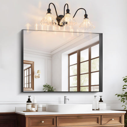 BrkNit Vintage Farmhouse Vanity Over Mirror 3-Light Black Wall Sconce Lighting with Flower Glass Shade, for Bedroom Kitchen Living Room Hallway Light