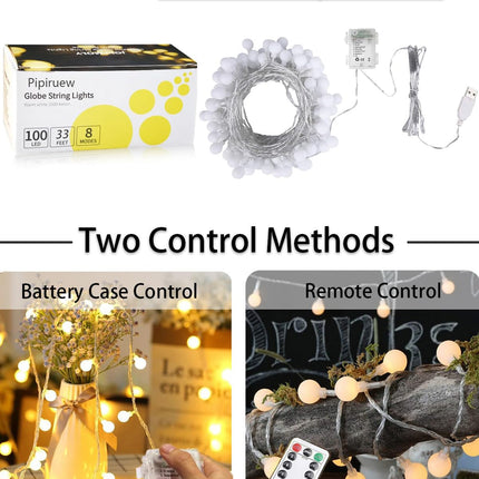 Pipiruew 33FT 100 LED Globe Ball String Lights, 8 Modes with Remote Battery & USB Powered, Warm White