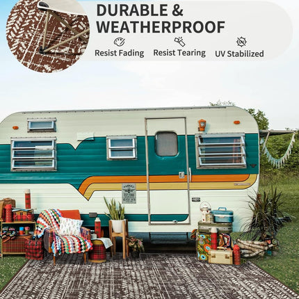 Outdoor Rug 5x8' Waterproof Outdoor Carpet Reversible Patio Rug Portable Camping Rug Modern Abstract Plastic Straw RV Rug for Picnic Beach Balcony Pool Deck Foldable Rug Brown Beige