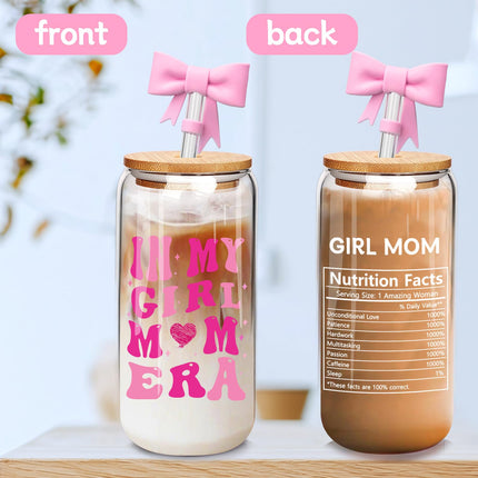 ANOTION in My Girl Mom Era Gift Set - Girl Mom Iced Coffee Cups, Mothers Day Coffee Mug with Straw, New Mom Gifts, Mother's Day Card, Mama Birthday Gift, Glass Tumbler Drinking Cup for Mother