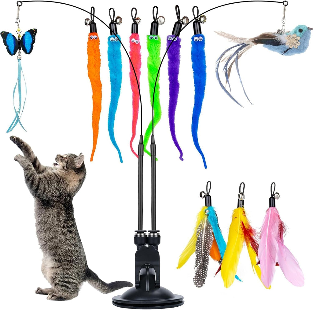 Cat Feather Toys, Cat Toys Wand, Interactive Cat Toy with Super Suction Cup, 2 PCS Cat Wand Toy and 8 PCS Feather Replacements with Bell, Interactive Cat Toy Kitten Toys for Indoor Play Chase Exercise