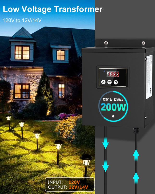 ANYTITI 200W Low Voltage Landscape Transformer with Timer,Photocell Sensor and Remote Control, 120V AC to 12V/14V AC,Weatherproof,for LED Landscape Lighting