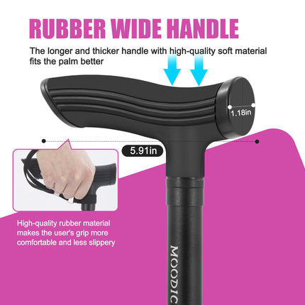 MOODIC Walking Canes for Seniors Balance with Extended and Thickened Handle. Foldable; Adjustable; Collapsible; Stylish; Quad Cane for Men for Stability (Basic & Black)